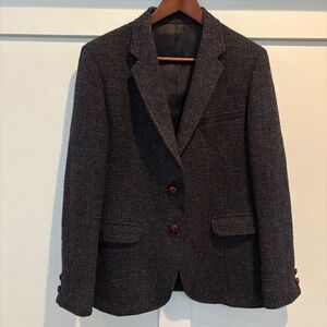Vintage Harris Tweed Blazer Women M Blue Scottish Wool Handwoven Houndstooth USA